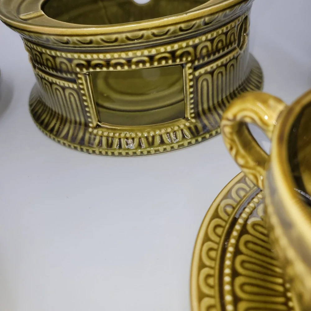 Vintage Olive Green Ceramic Soup Tureen Set with Warmer 4 Bowls and Saucers MCM